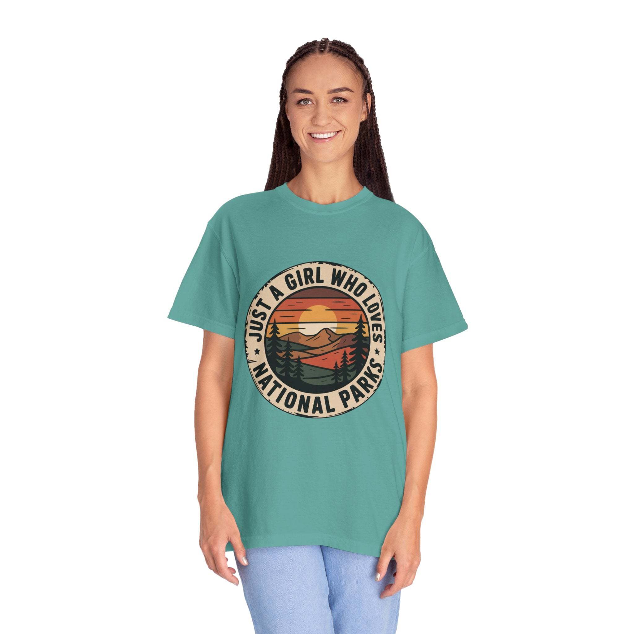 National Parks T-Shirt with "Just a Girl Who Loves National Parks" text on soft garment-dyed cotton
