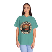 National Parks T-Shirt with "Just a Girl Who Loves National Parks" text on soft garment-dyed cotton