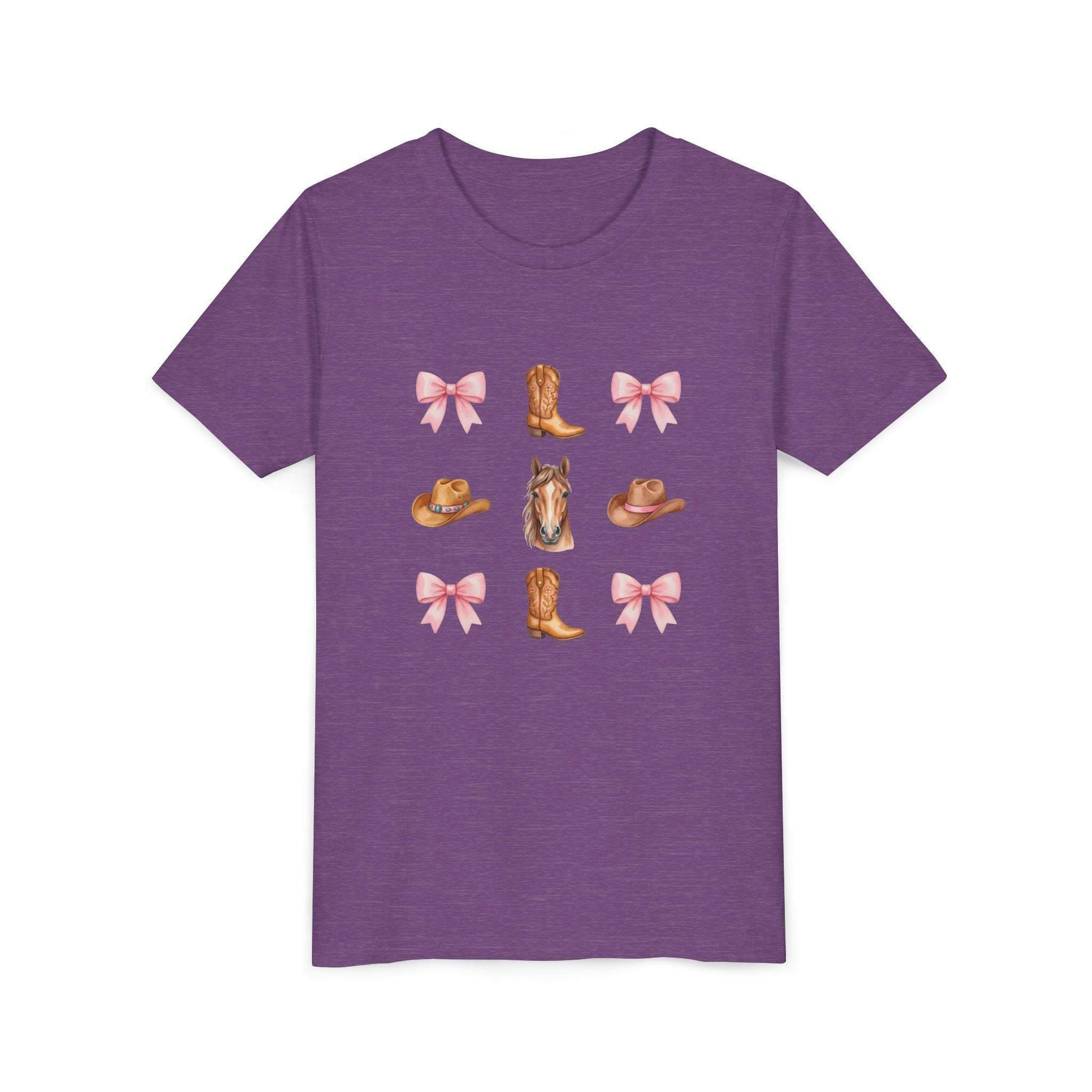 Cowboy Horse & Boots Coquette Bow Pattern Youth Tee | Pink Bows, Western Hat, Rodeo Kids Shirt