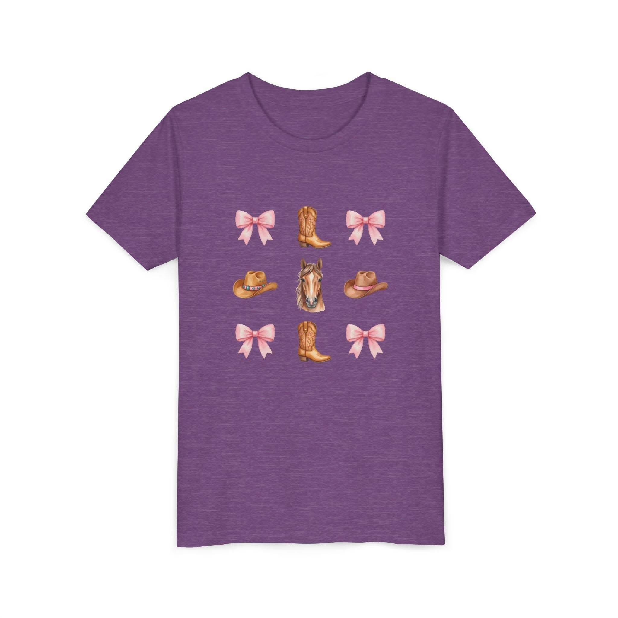 Cowboy Horse & Boots Coquette Bow Pattern Youth Tee | Pink Bows, Western Hat, Rodeo Kids Shirt