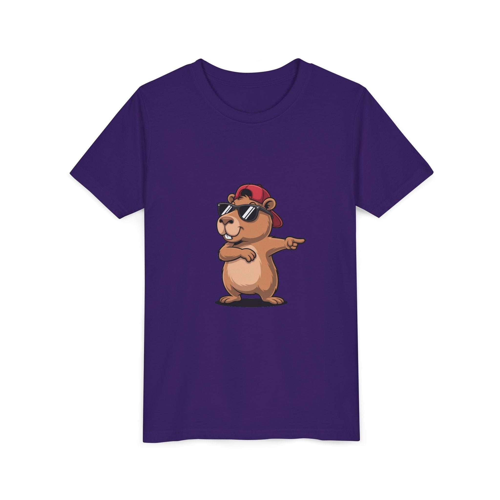 Youth tee with cool capybara wearing hat and sunglasses on soft cotton shirt