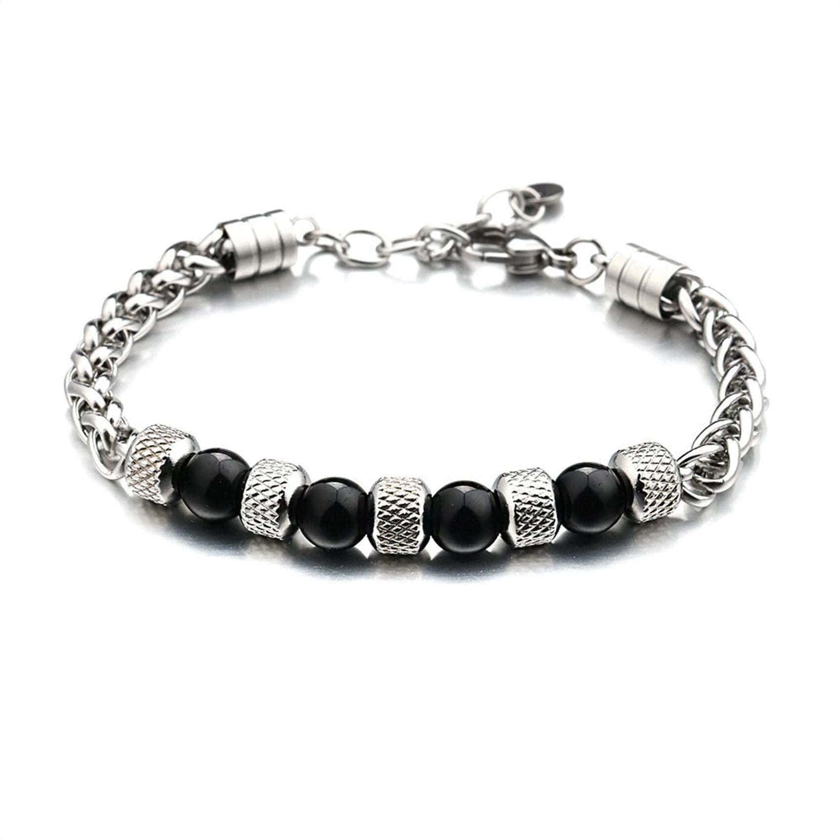 Men's beaded bracelet with black onyx stones and stainless steel engraved beads for anxiety relief and style