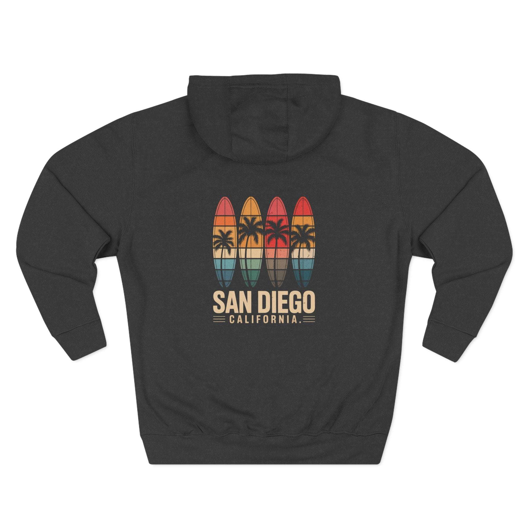 Retro San Diego surfboard graphic fleece hoodie with kangaroo pocket and adjustable hood