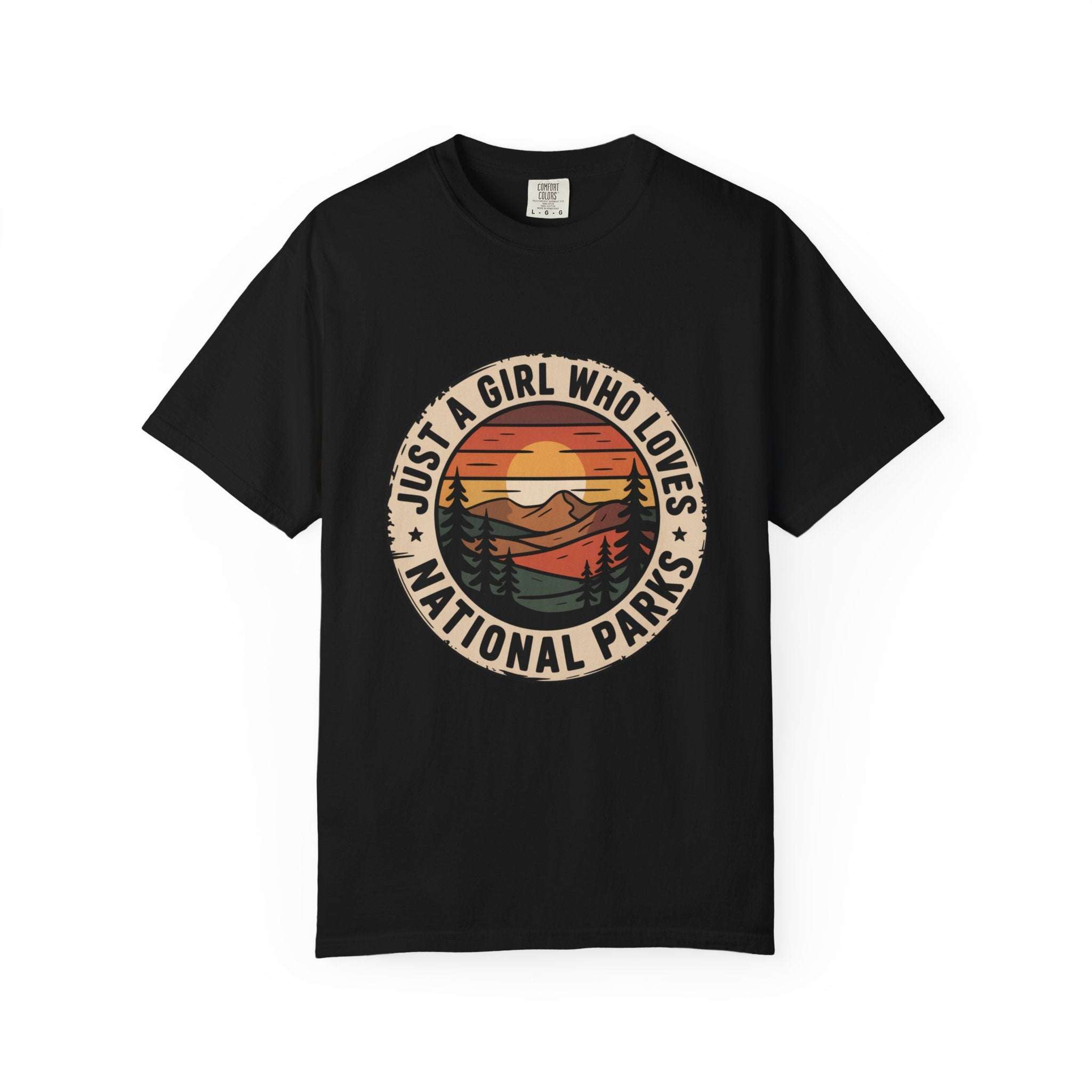 Just a Girl Who Loves National Parks T-Shirt in garment-dyed cotton with relaxed fit for outdoor adventure