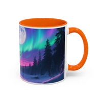 Mug with an orange interior and handle featuring a Northern Lights design on a white background