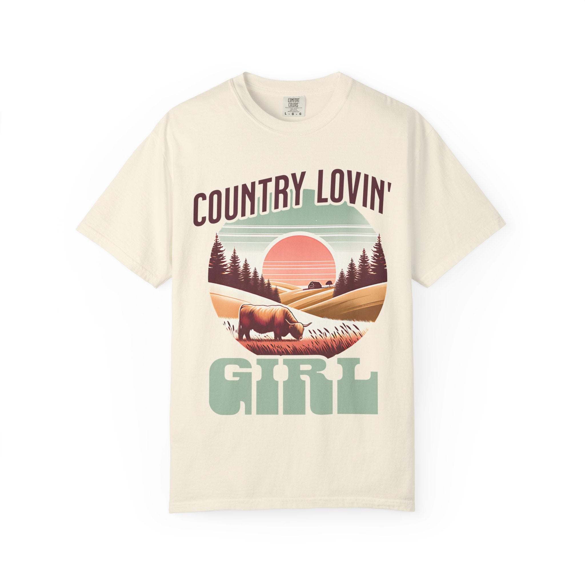 Country Lovin Girl T-shirt with vintage country landscape and cow design on cream cotton tee