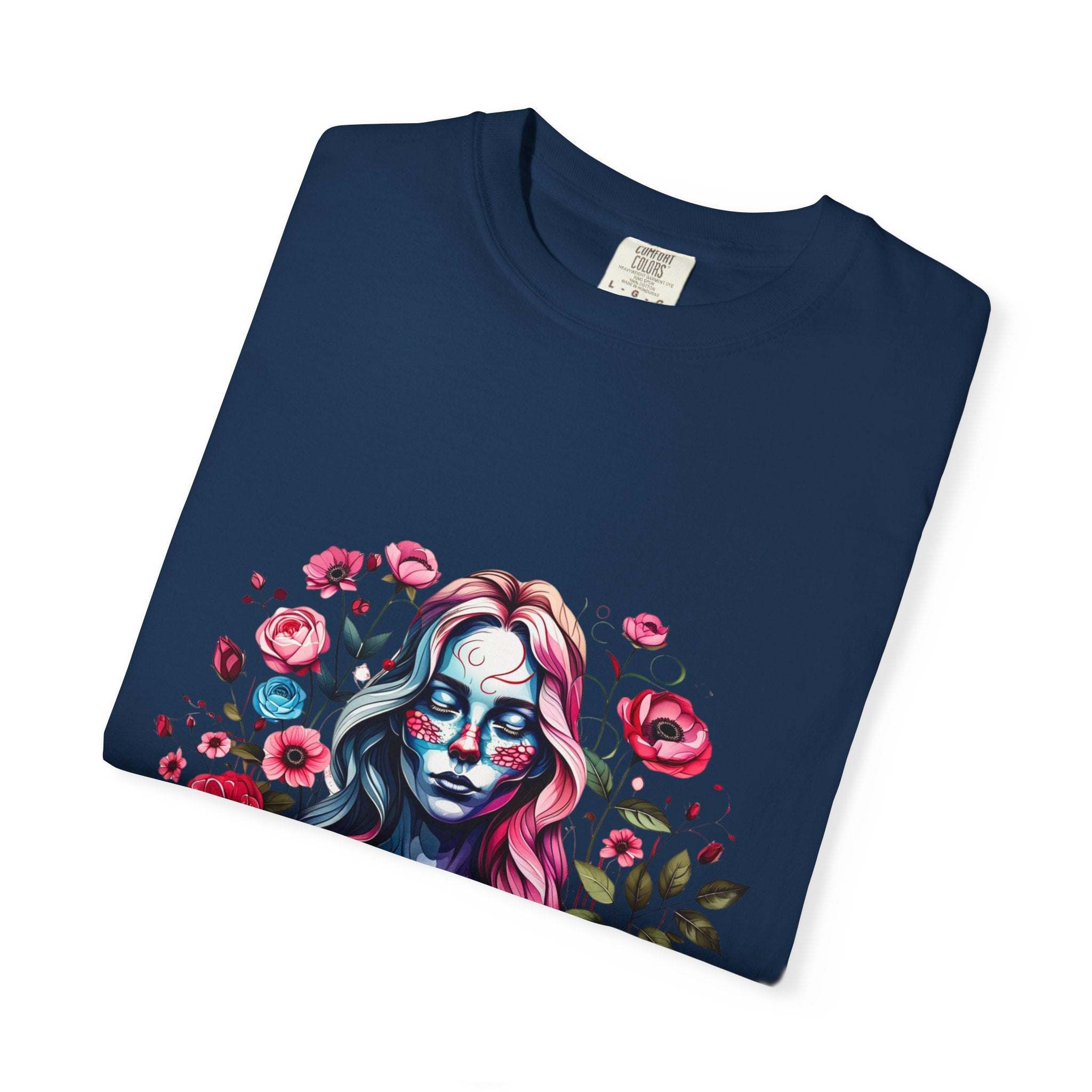 Navy Floral Skeleton T-shirt with elegant gothic skeleton woman and pink flowers design