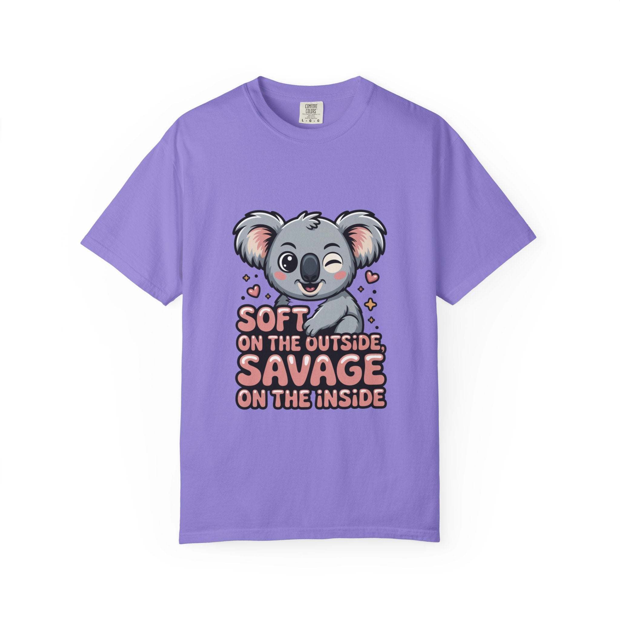 Lavender t-shirt with cute koala graphic and "Soft on the Outside Savage on the Inside" text design