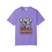 Lavender t-shirt with cute koala graphic and "Soft on the Outside Savage on the Inside" text design