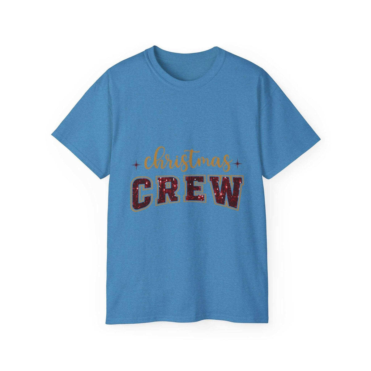 Antique Cherry Red Christmas T-shirt with faux glitter design, crew neck style by Printify.