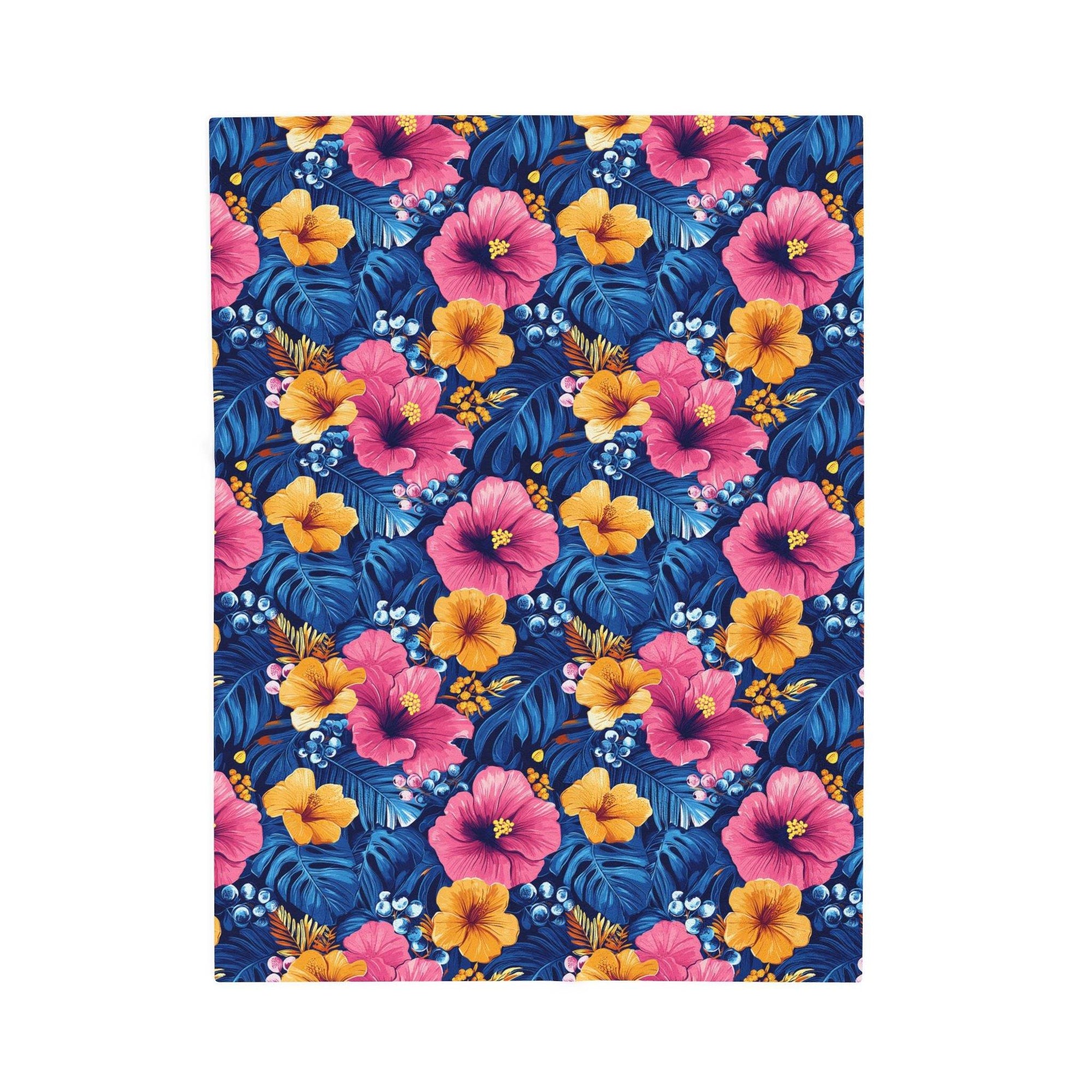 Tropical Hibiscus Floral Velveteen Plush Blanket | Hawaiian Flower Pattern