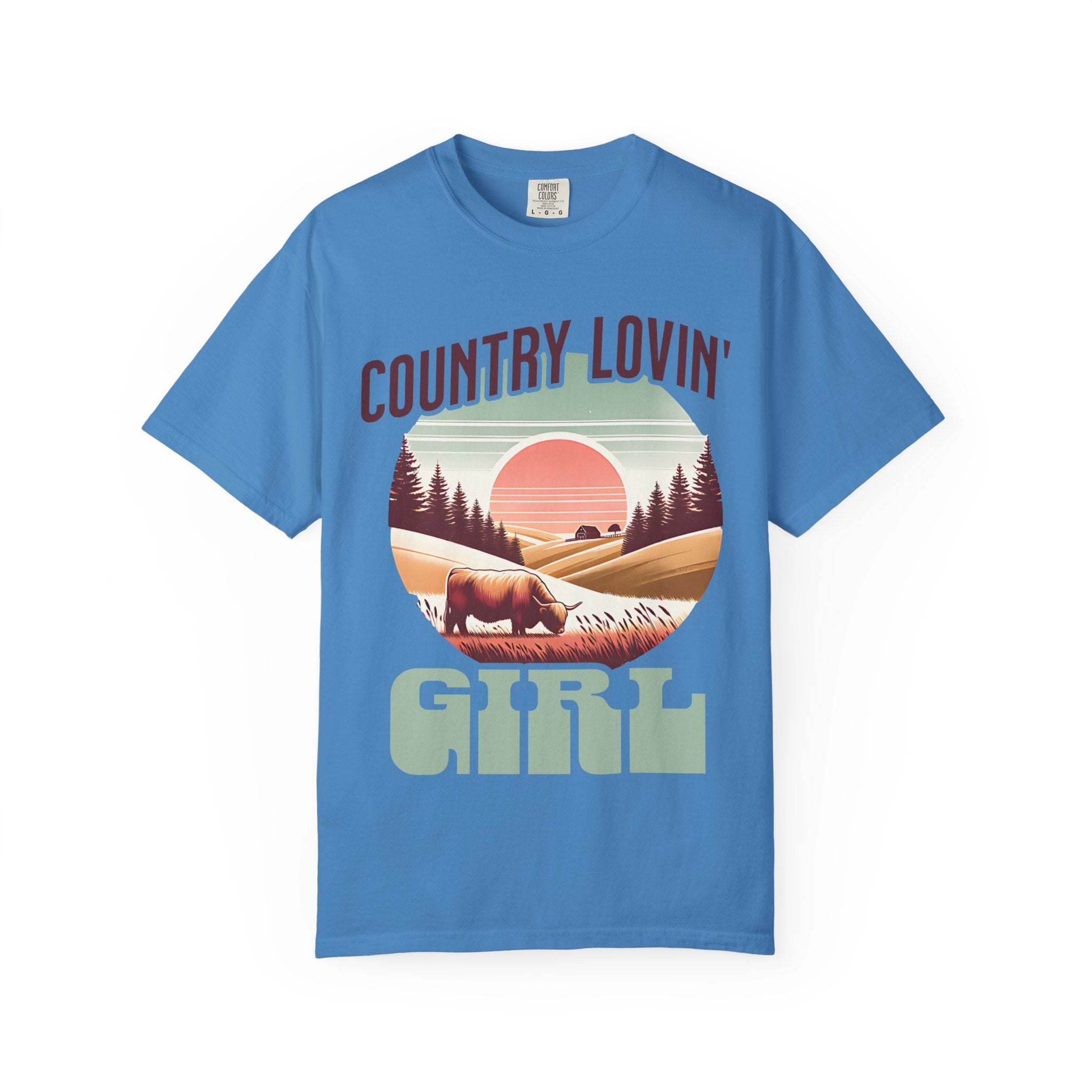 Blue Country Lovin Girl t-shirt with vintage country landscape and cow graphic