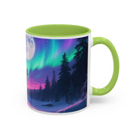 Mug with a design of the Northern Lights over a forest on a white background