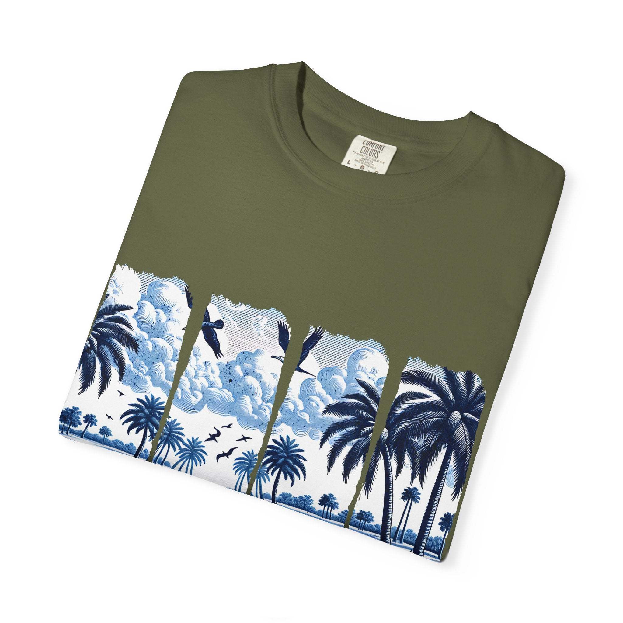 Blue Chinoise Brushstroke T-Shirt with soft blue chinoiserie brushstroke design on garment-dyed cotton fabric