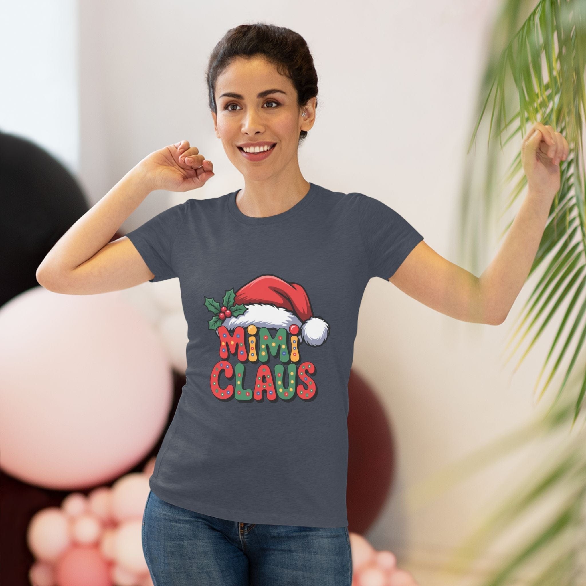 Woman wearing slim fit Christmas Mimi Claus women's T-shirt with festive design