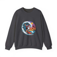 Navy Santa sweatshirt featuring a surfing design, perfect for holiday beachwear by Printify.