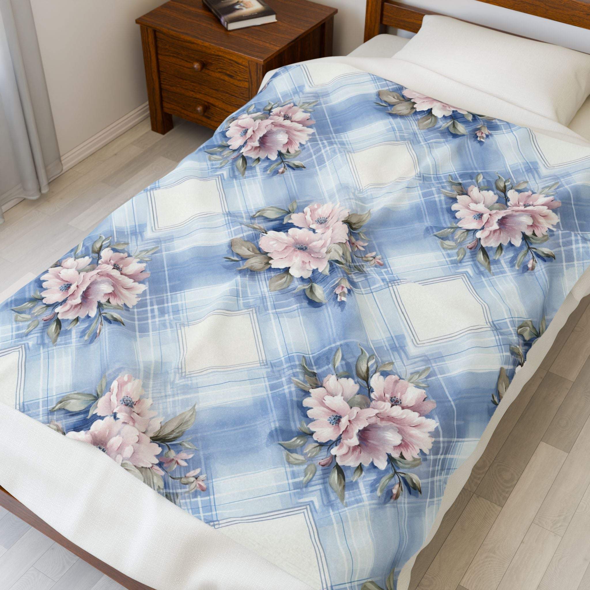 Floral velveteen plush blanket in pastel light blue and pink by Printify, featuring an all-over print.