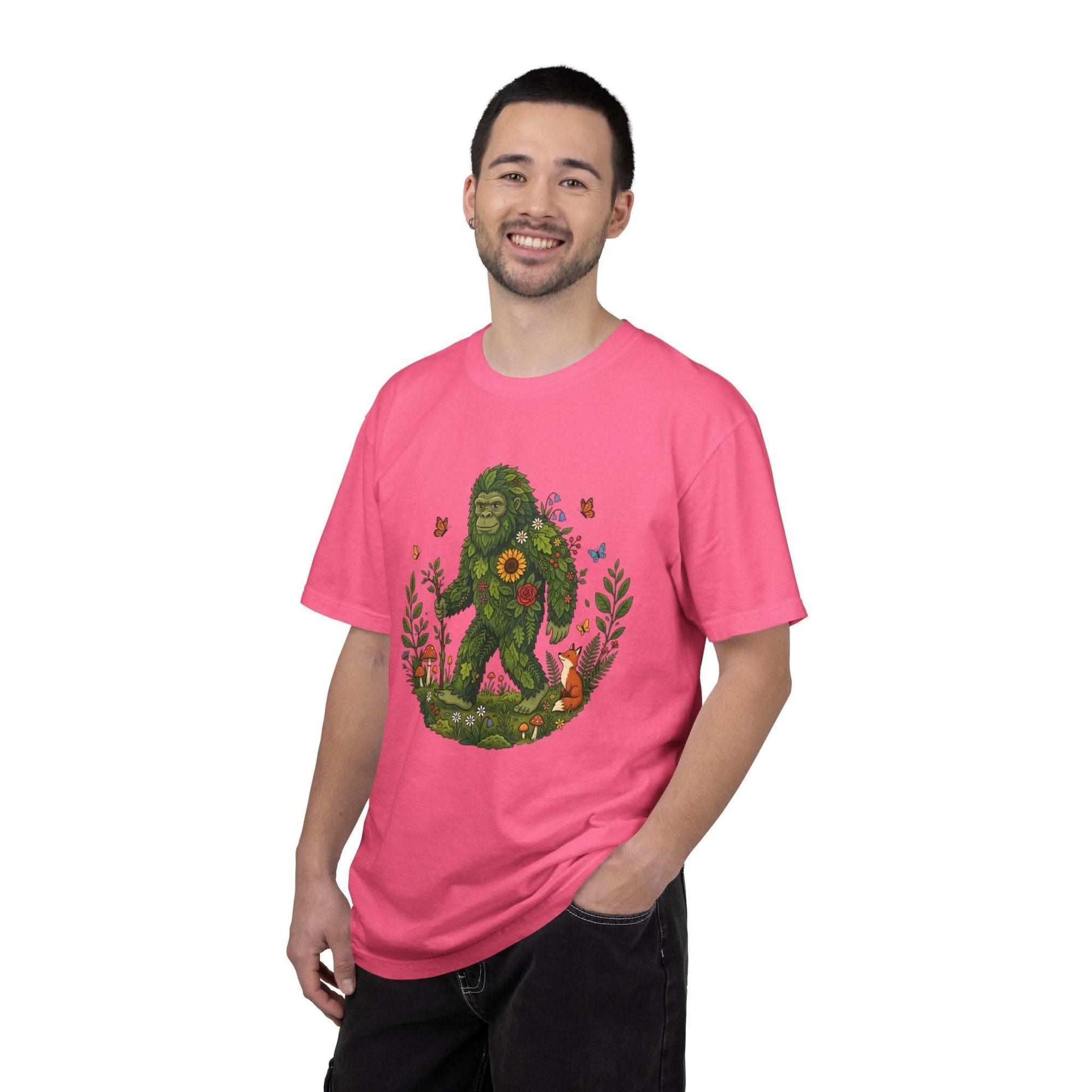 Forest Sasquatch Illustration t-shirt with floral woodland Bigfoot and fox design