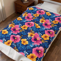 Tropical Hibiscus Floral Velveteen Plush Blanket | Hawaiian Flower Pattern