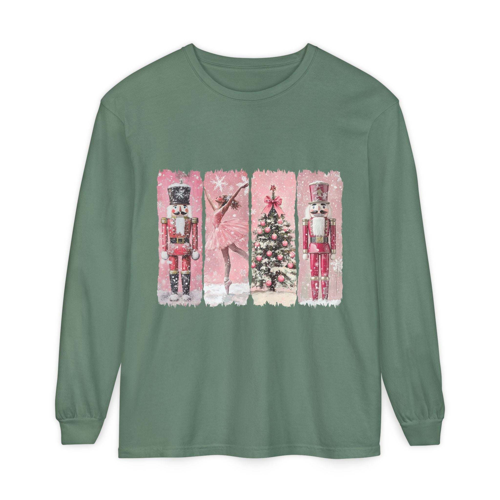 Long sleeve t-shirt with pink watercolor Nutcracker and Christmas tree design on green fabric