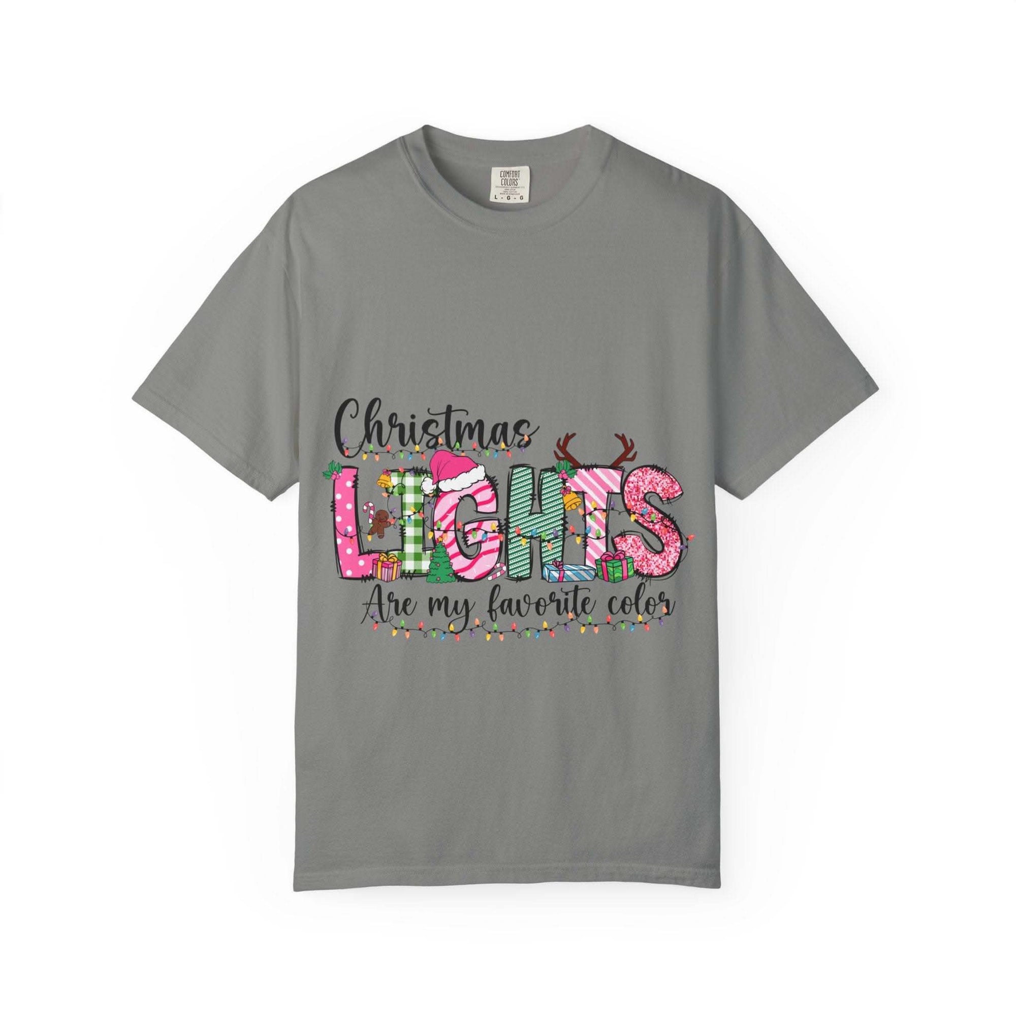 Christmas Lights Are My Favorite Color T-Shirt in soft garment-dyed cotton with relaxed fit and holiday graphic design