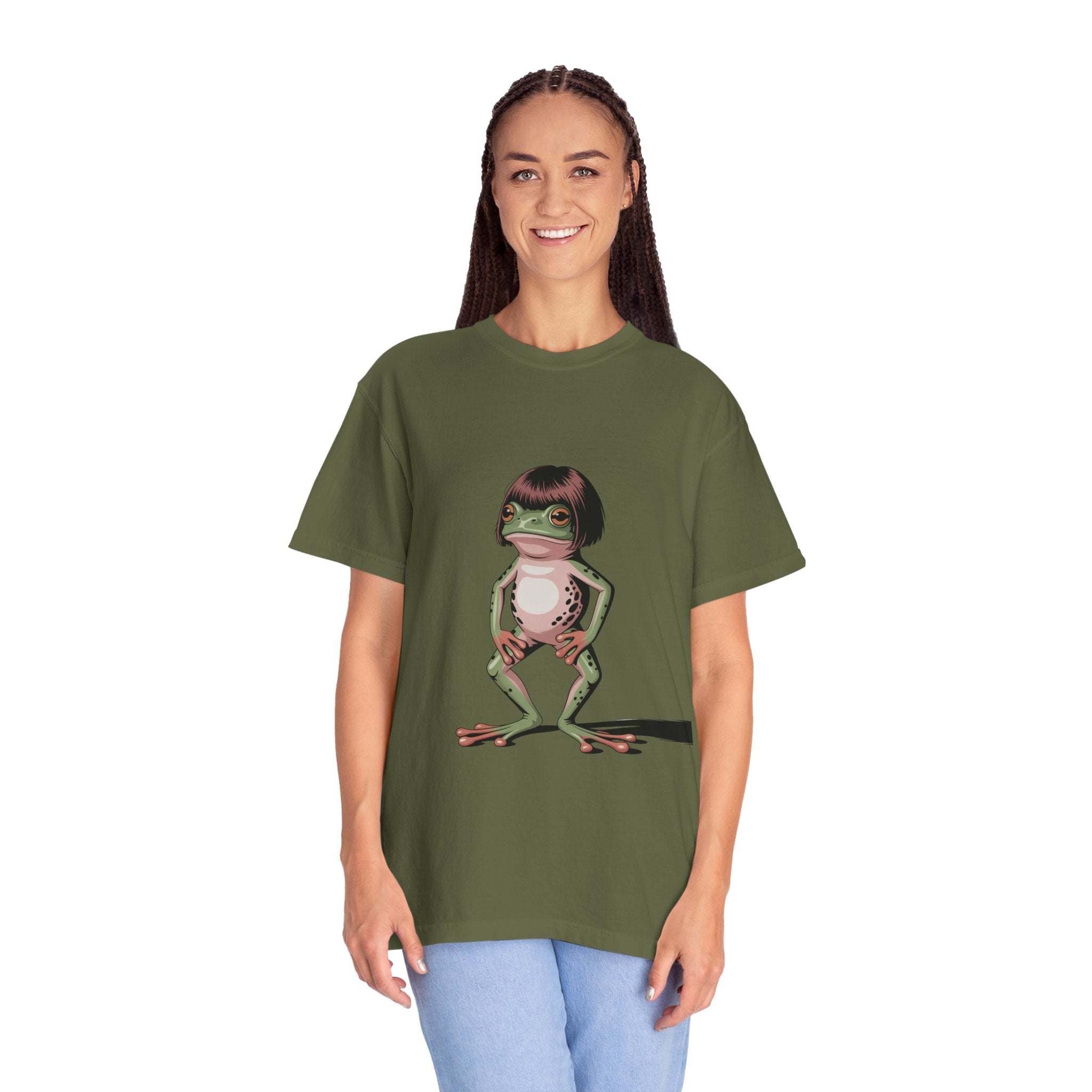 Frog with bob haircut meme illustration on vintage garment-dyed t-shirt