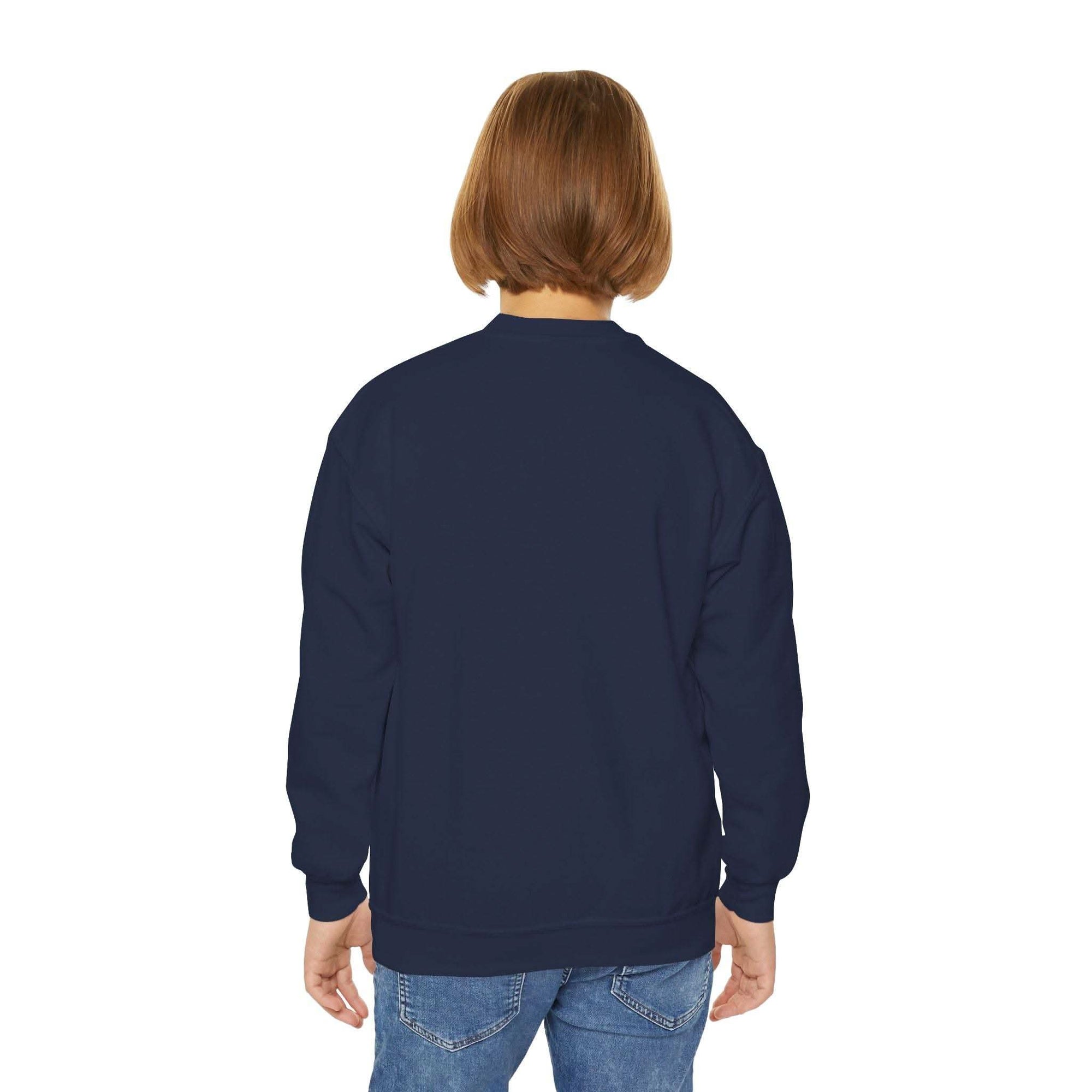 Person wearing a navy blue sweatshirt on a white background