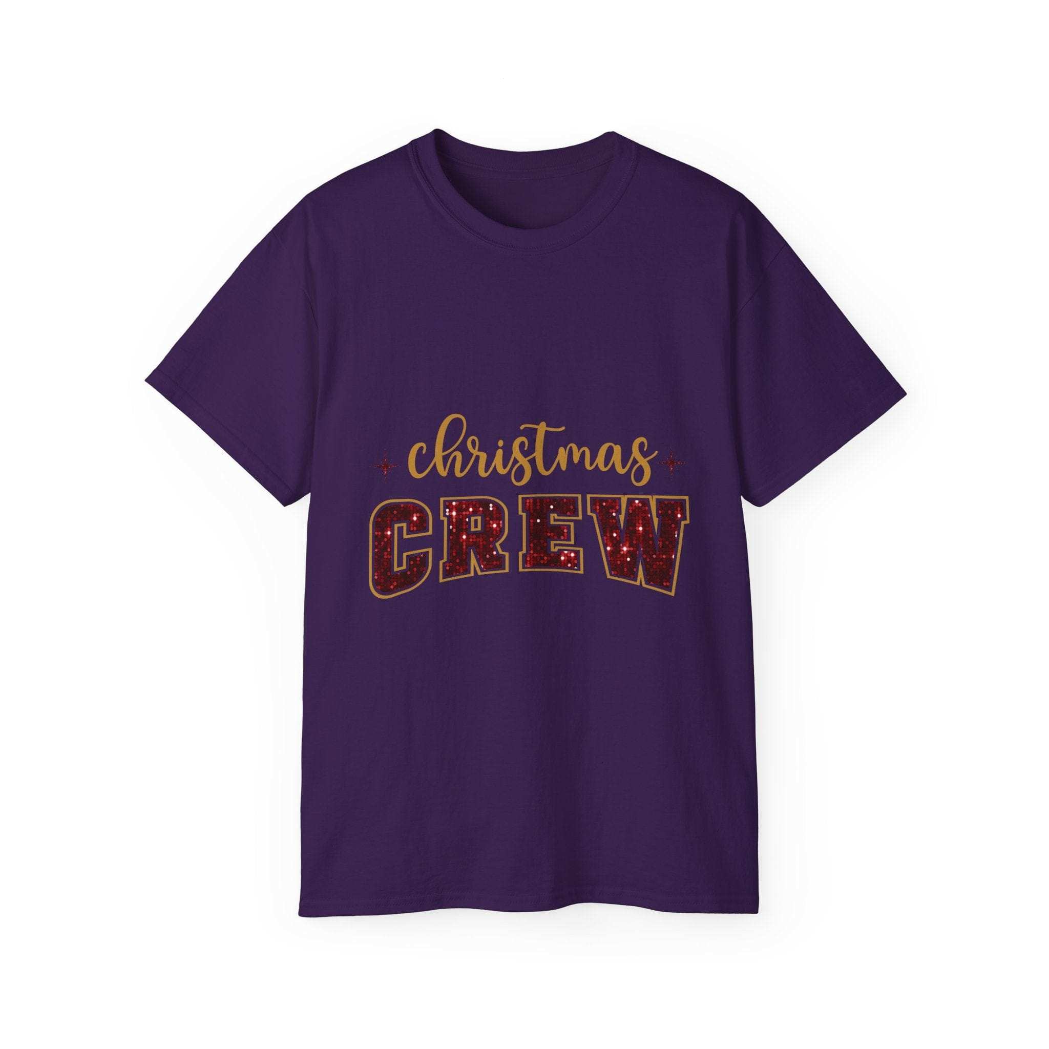 Faux glitter Christmas crew t-shirt in Antique Cherry Red by Printify, perfect for festive holiday wear.