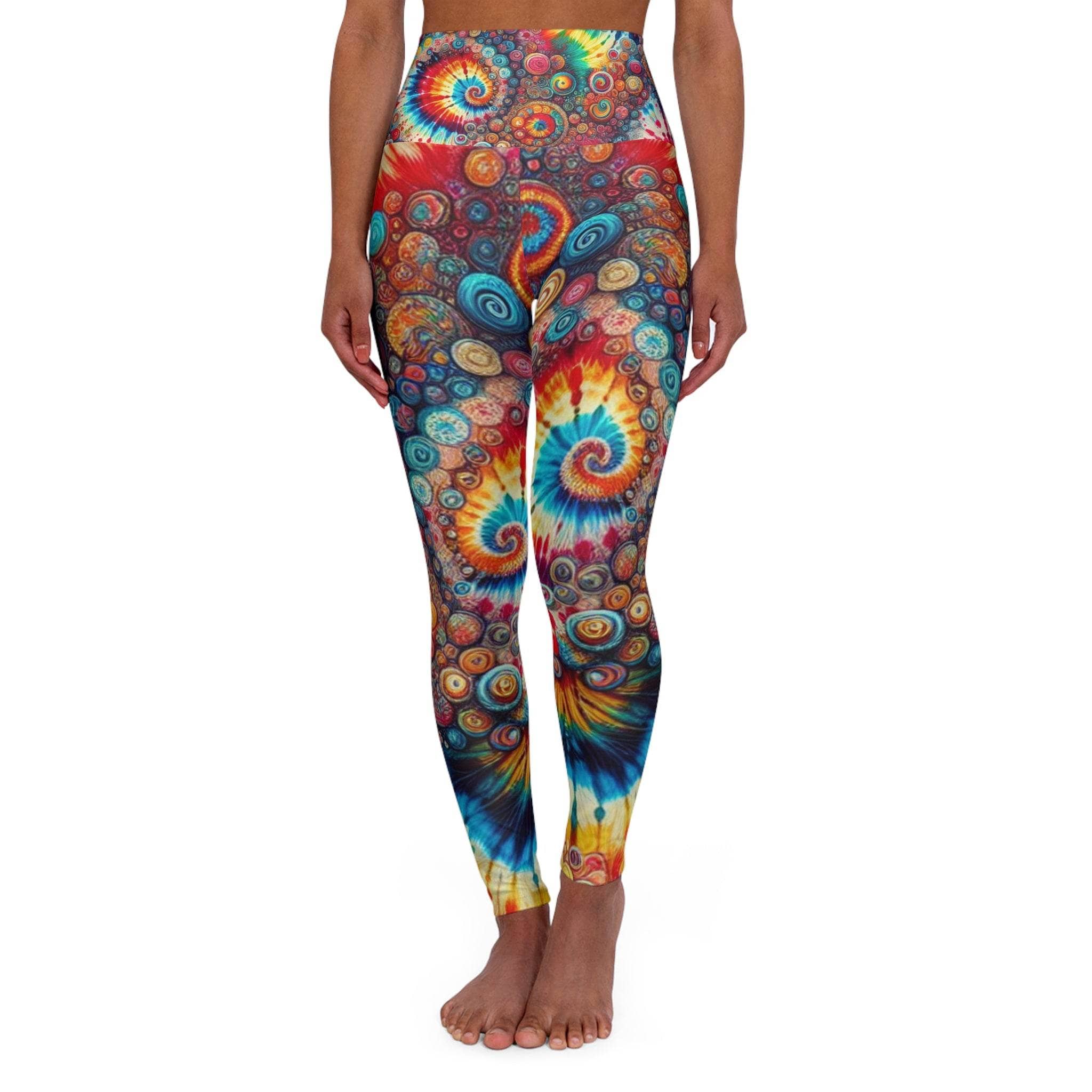 Colorful rainbow tie-dye leggings with high-waisted fit and spiral pattern for yoga and activewear