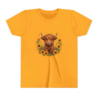 Youth tee featuring Highland Cow with Sunflowers design on soft cotton fabric
