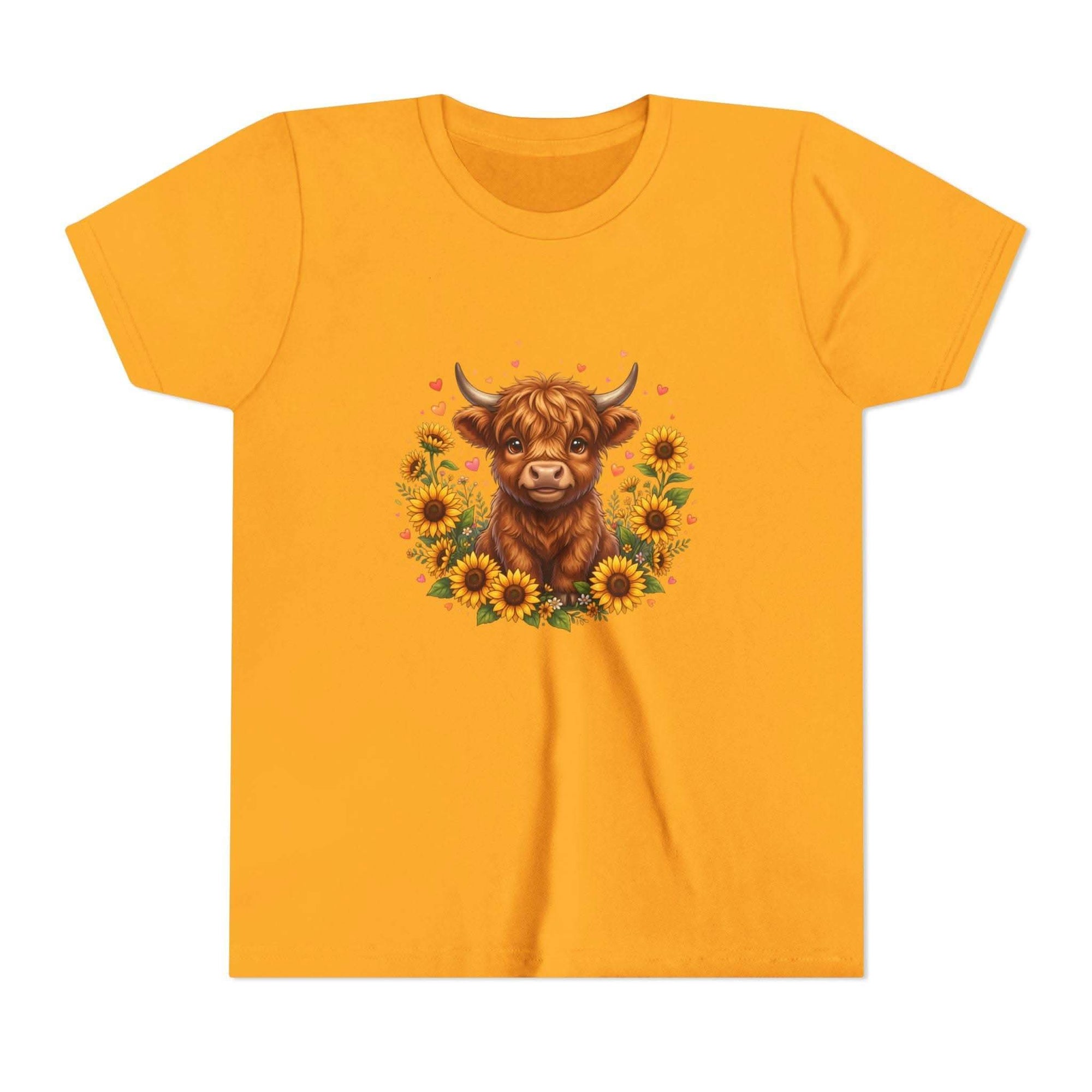 Youth tee featuring Highland Cow with Sunflowers design on soft cotton fabric