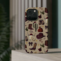 Cowboy Christmas design phone case for iPhone 17 in glossy finish by Printify, featuring festive colors and patterns.