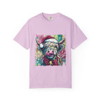 Retro Santa Highland Cow graphic on green cotton T-shirt