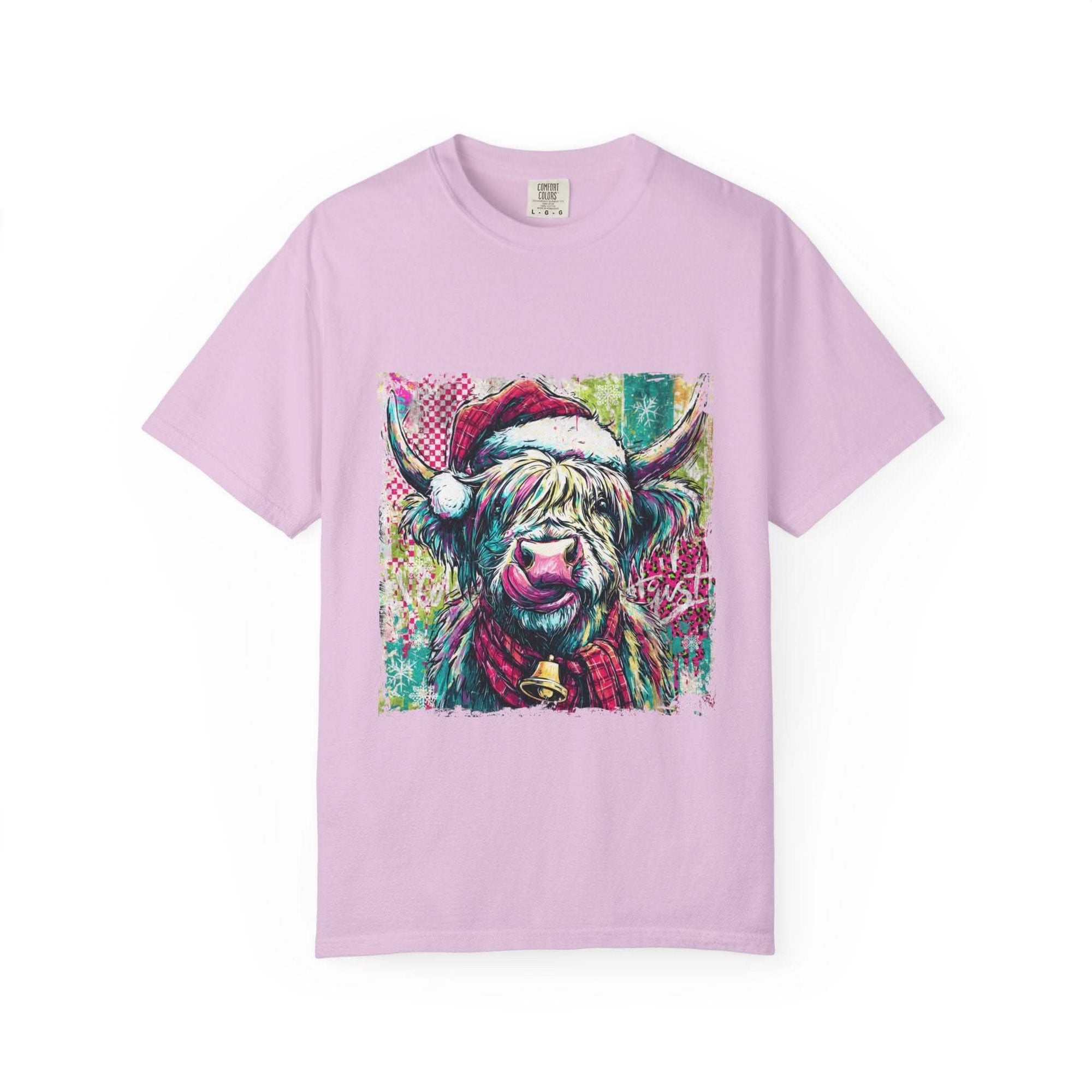 Retro Santa Highland Cow graphic on green cotton T-shirt