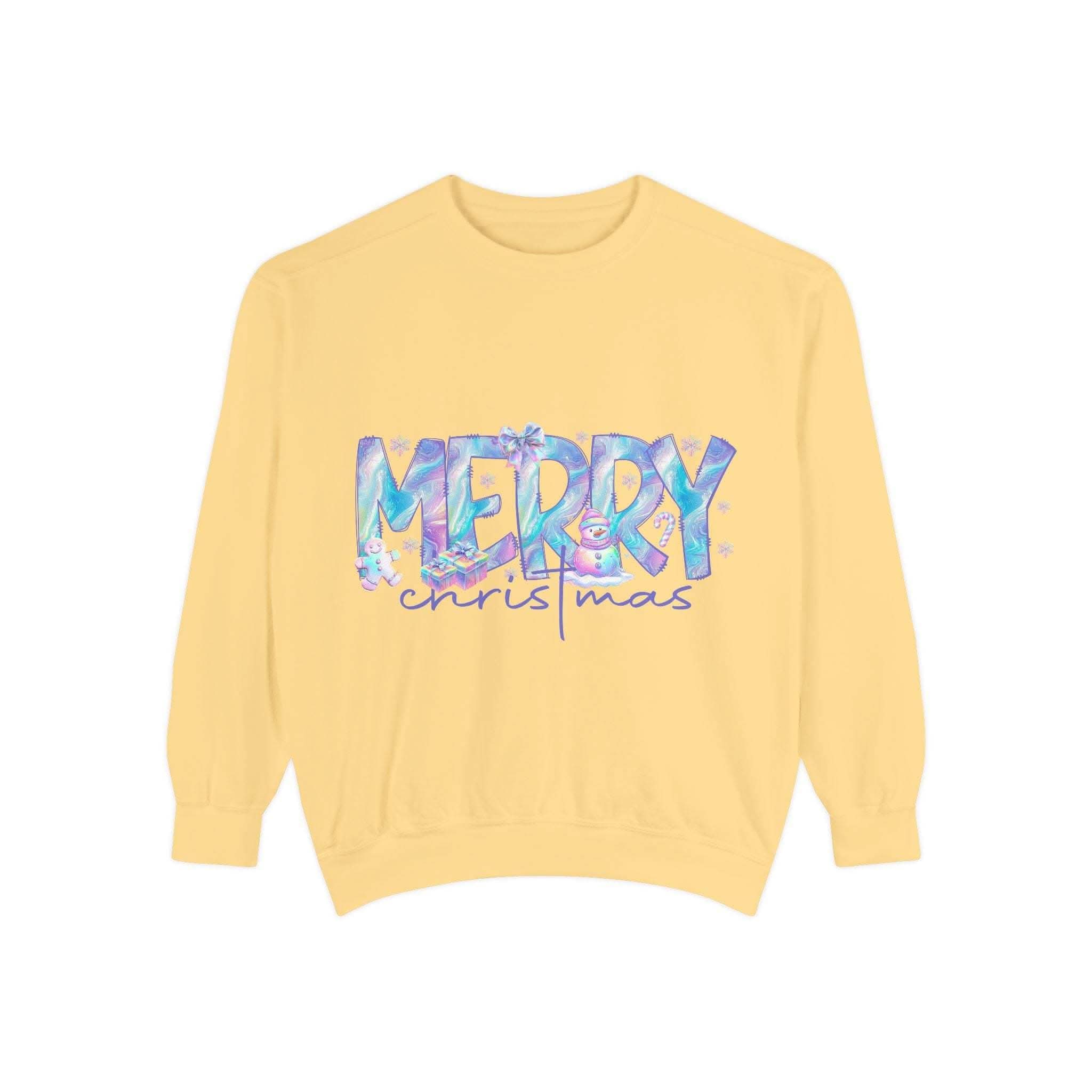 Yellow sweatshirt with iridescent Merry Christmas design and relaxed fit for cozy holiday wear