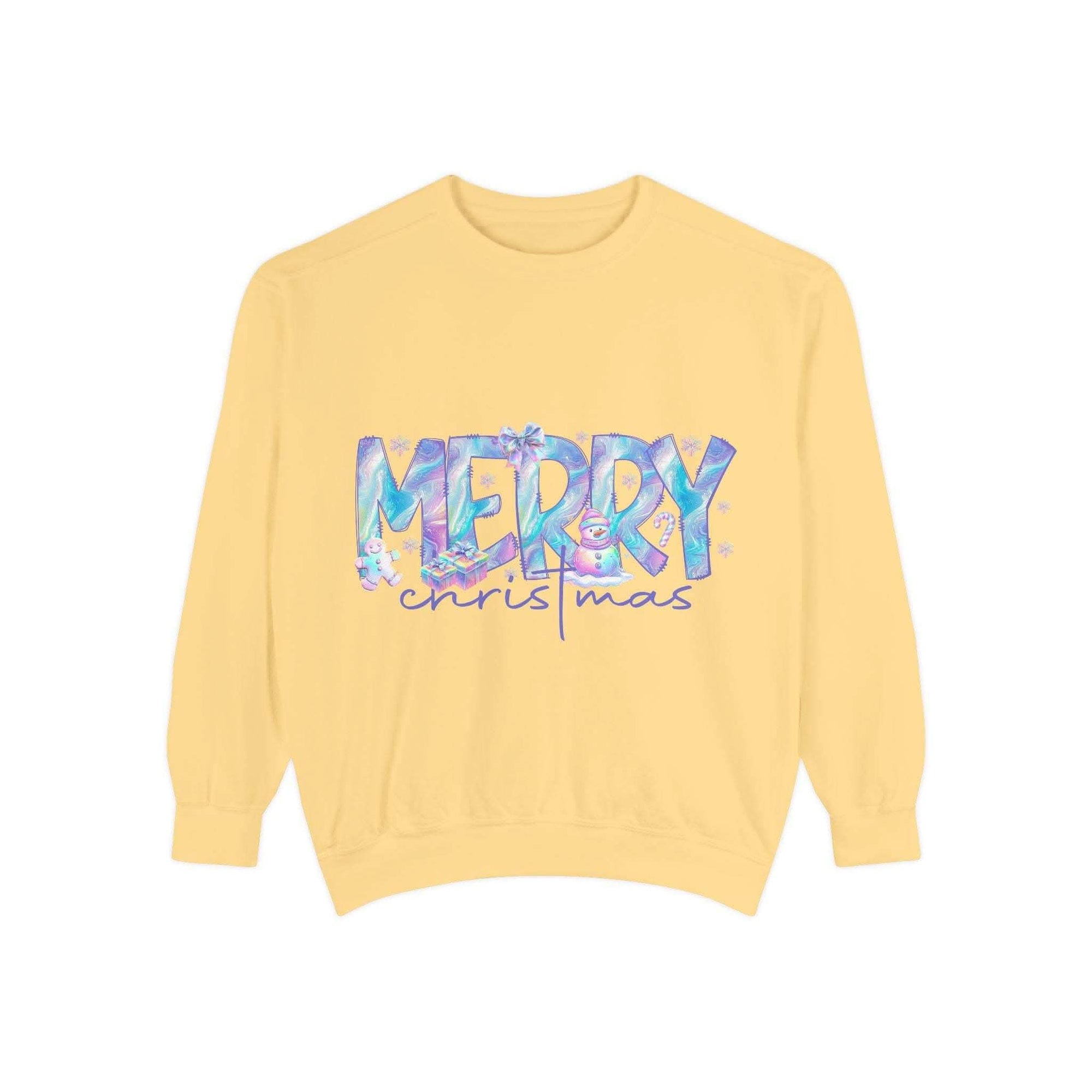 Yellow sweatshirt with iridescent Merry Christmas design and relaxed fit for cozy holiday wear
