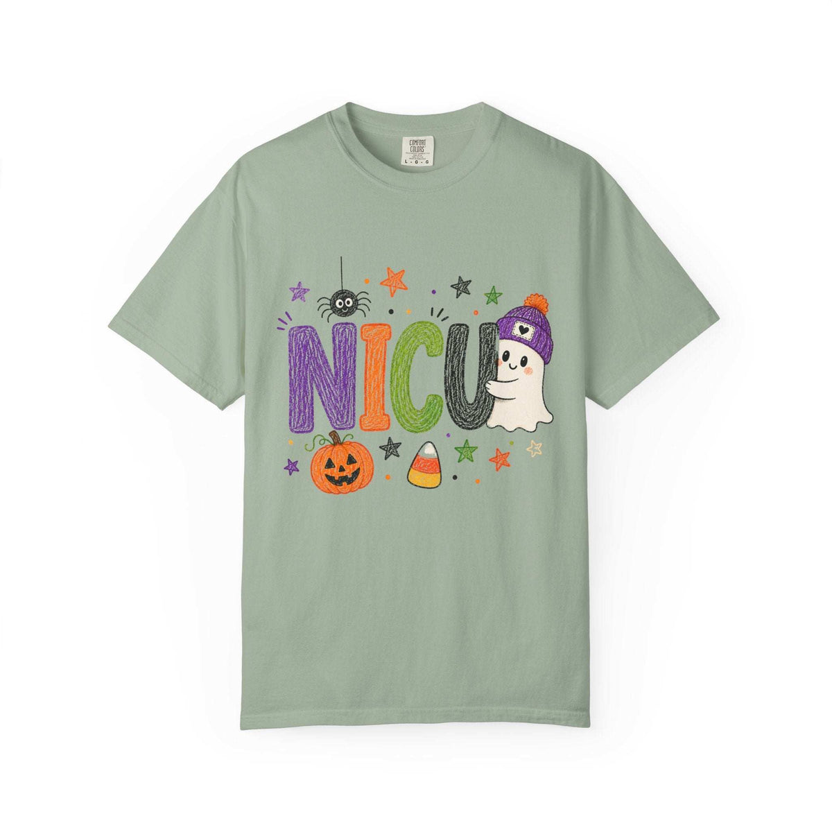 Bay green NICU nurse Halloween T-shirt with colorful crayon-style lettering, a smiling ghost in a purple beanie, pumpkin, and candy corn.