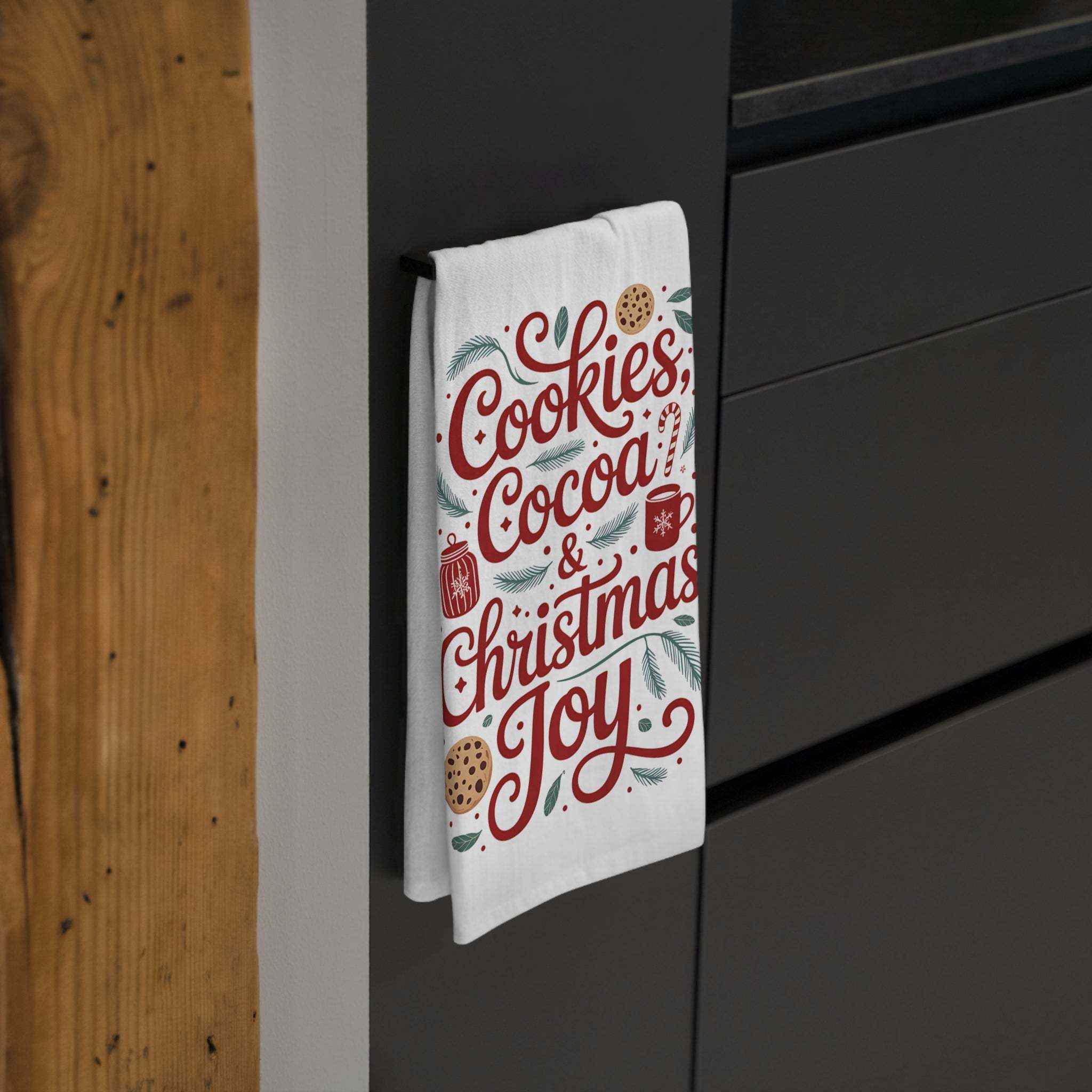 Christmas Tea Towel with Cookies and Cocoa design, 28x28 inch cotton festive kitchen linen
