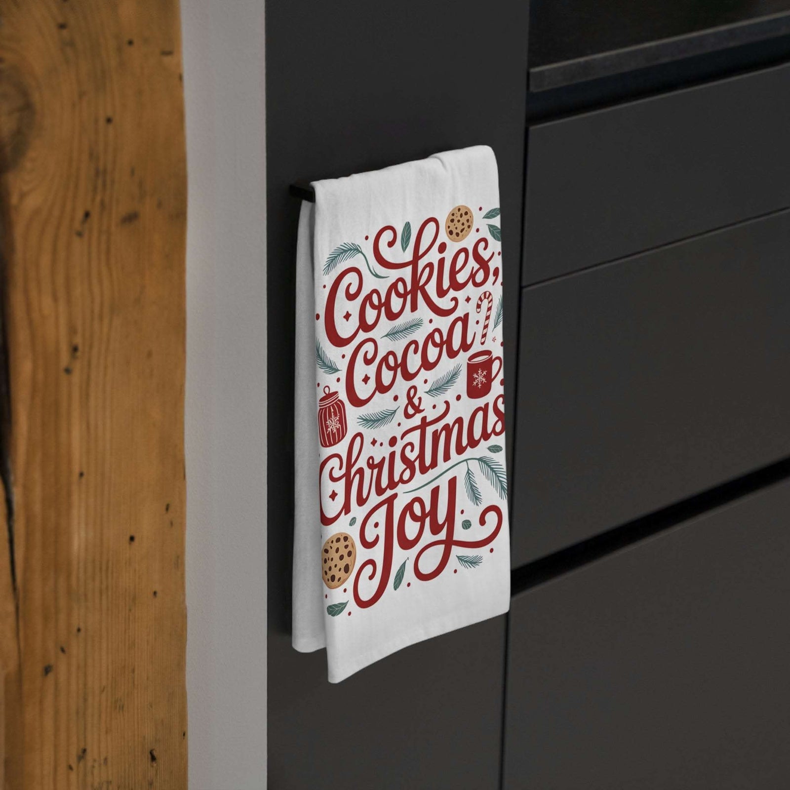 Christmas Tea Towel with Cookies & Cocoa design, 28x28 inch soft cotton holiday kitchen linen