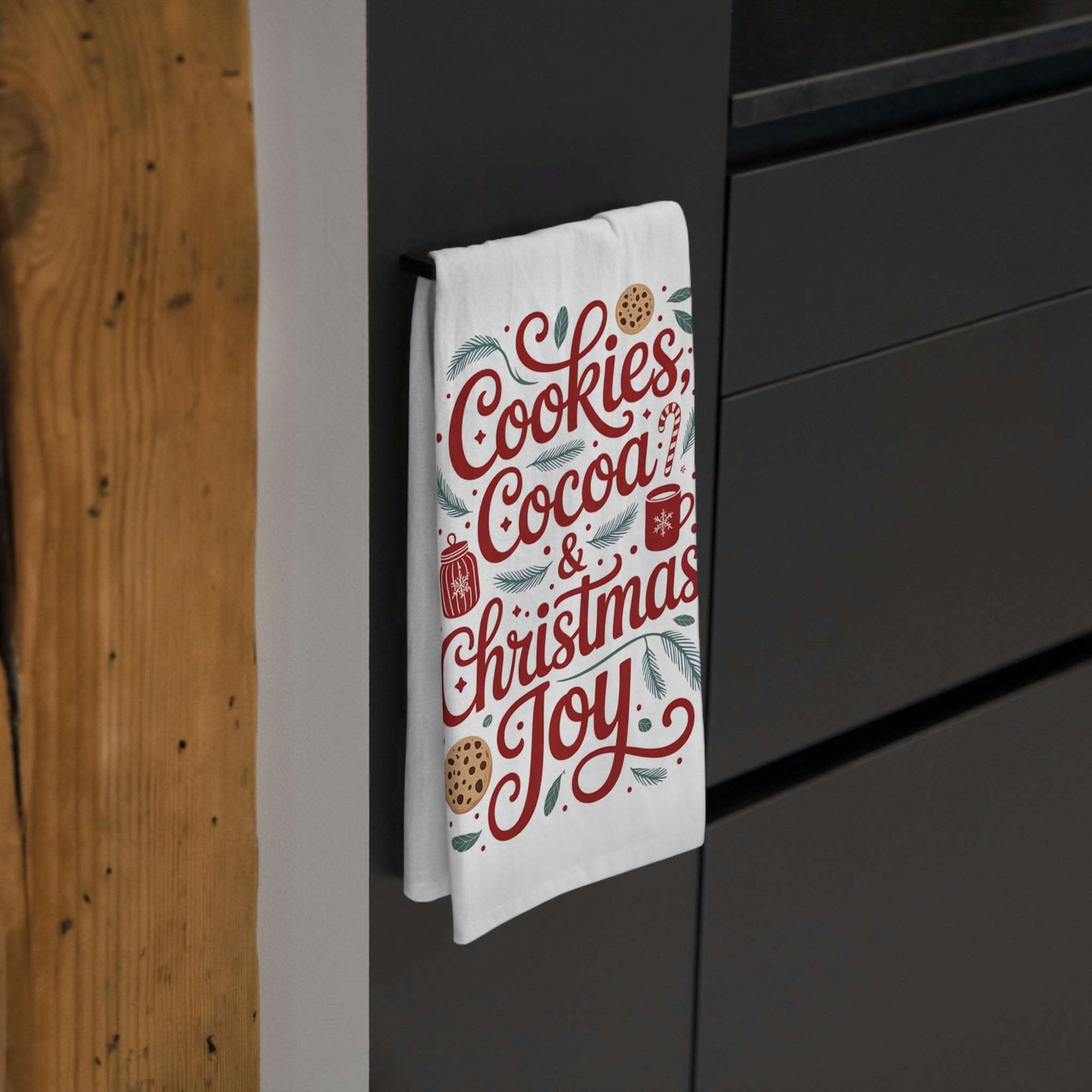 Christmas Tea Towel with Cookies & Cocoa design, 28x28 inch soft cotton holiday kitchen linen