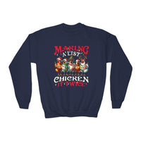 Navy youth crewneck sweatshirt featuring 'Making a List Chicken it Twice' graphic by Printify