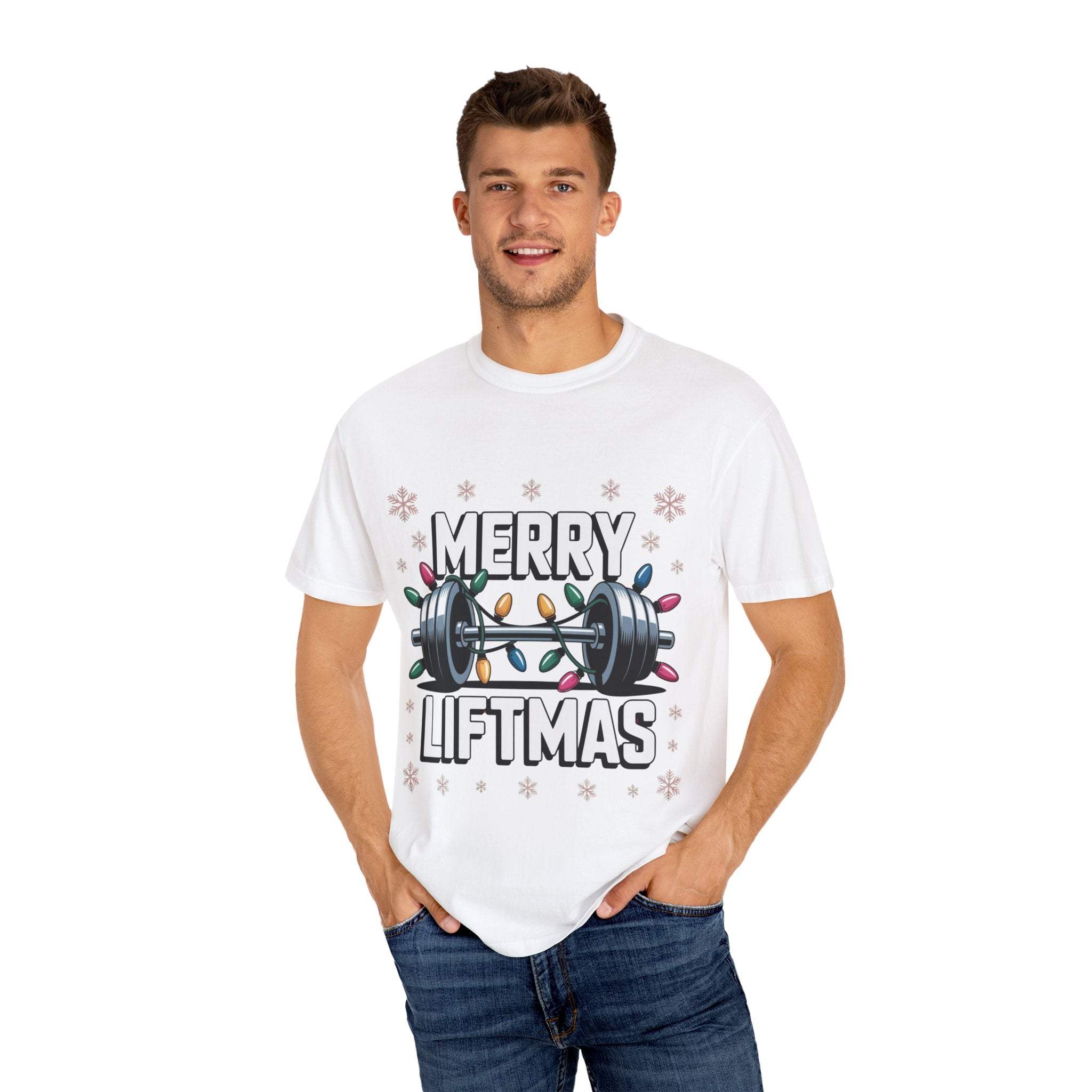 Man wearing white Christmas Workout T-shirt with Merry Liftmas design and barbell decorated with holiday lights