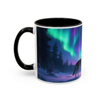 Mug with a design of a wolf under the Northern Lights in a forest.