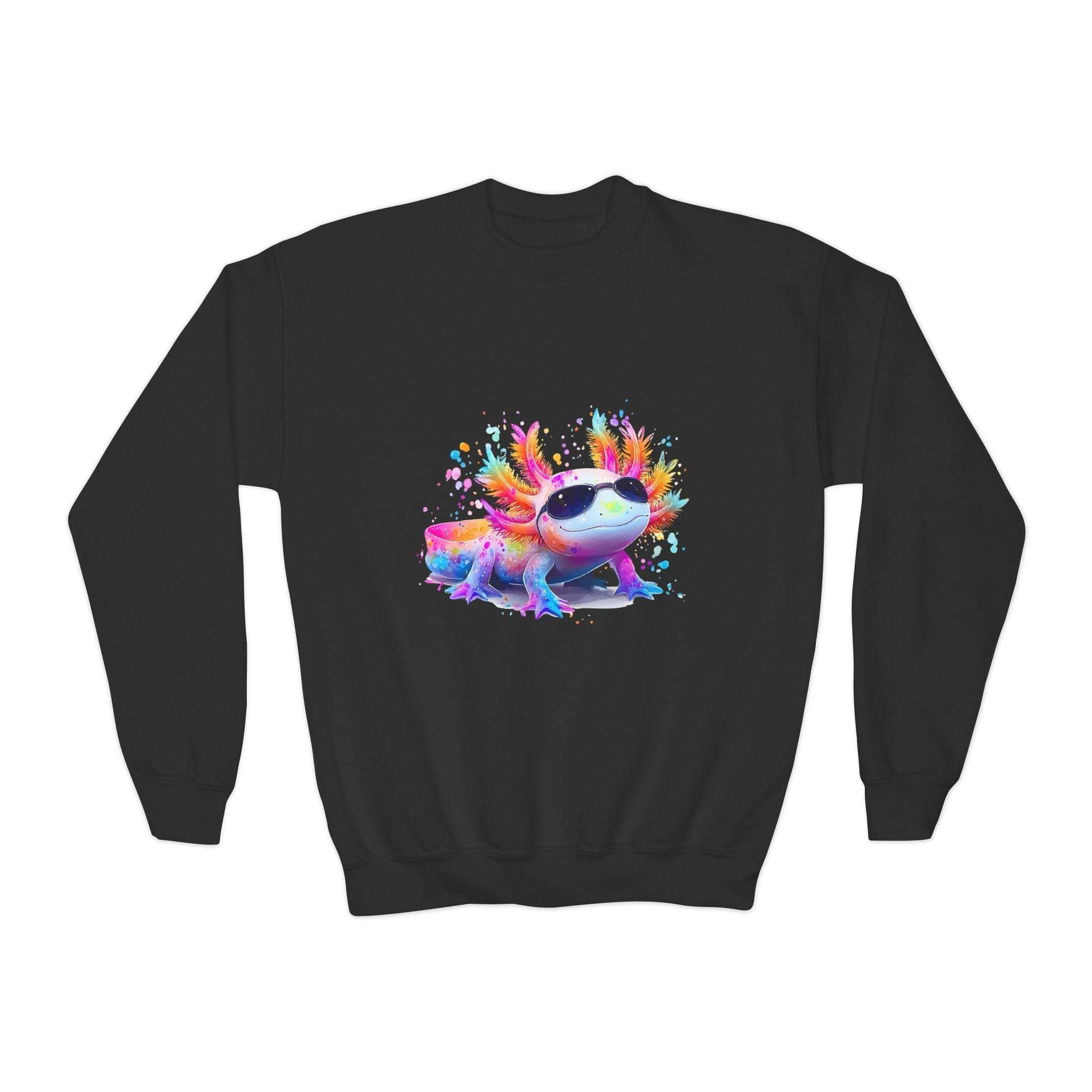 Black youth sweatshirt with colorful rainbow axolotl graphic wearing sunglasses, cozy casual kids clothing