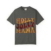 Faux Glitter Holly Jolly Mama t-shirt with festive glitter text on gray cotton tee