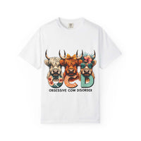 White Funny OCD Obsessive Cow Disorder T-shirt with colorful cow graphic and text design