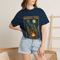 Vintage National Park After Dark t-shirt with moonlit campfire and nocturnal creatures design
