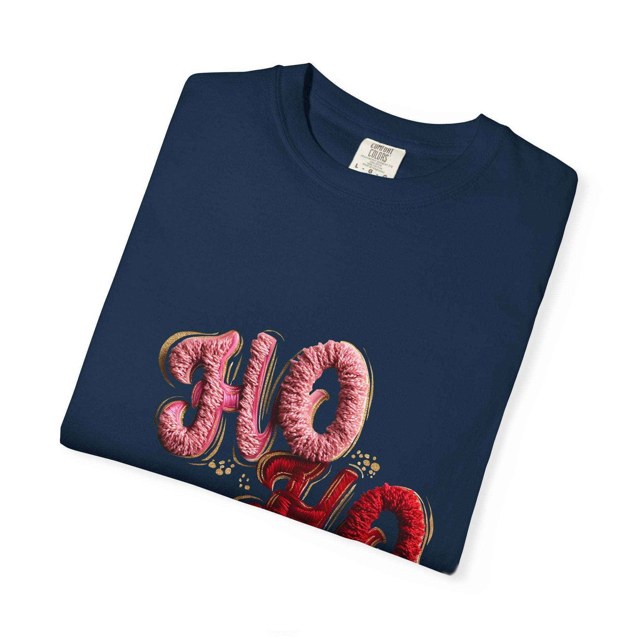 White Christmas graphic tee featuring faux puffy crochet 'Ho, Ho, Ho' design by Printify