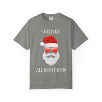 Espresso cotton t-shirt featuring 'Santa I Deliver All Night Long' print, holiday-themed design by Printify