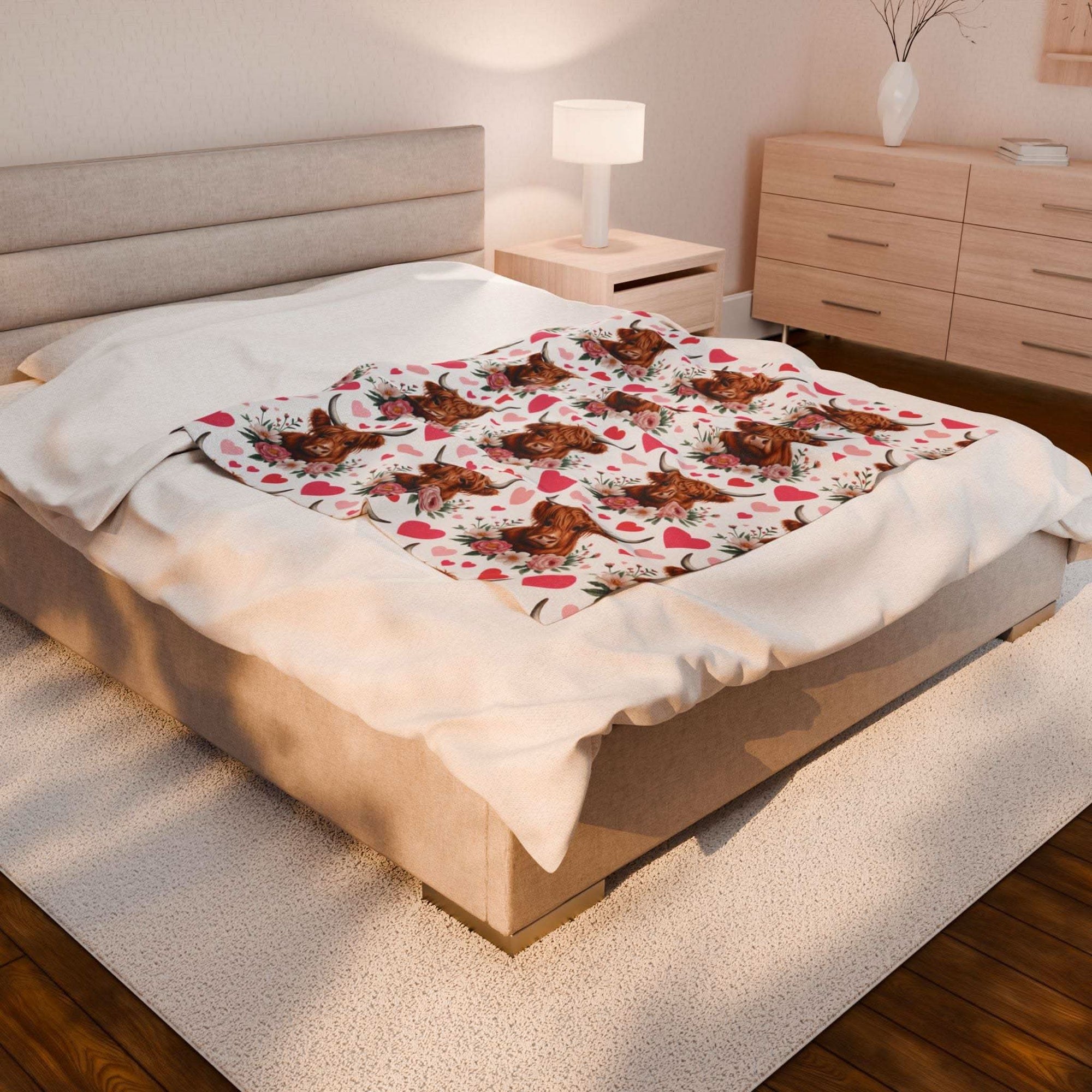 Velveteen plush blanket with floral Highland cow design and cozy soft texture